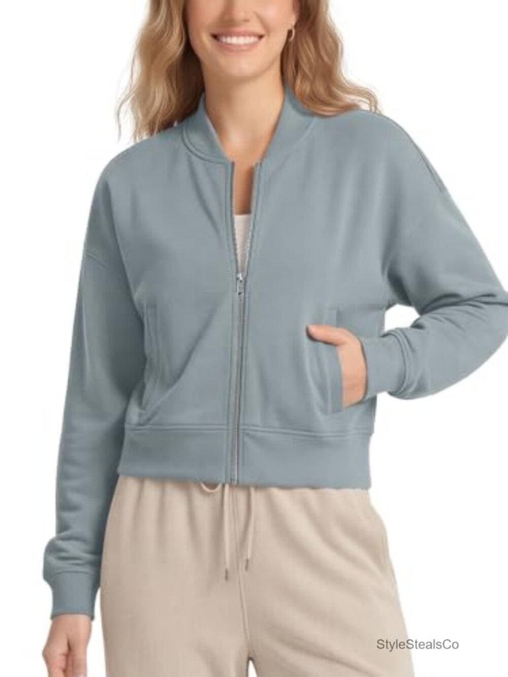 Women's Modal Blend Cropped Bomber Jacket Full-Zip with Pockets Long Sleeve